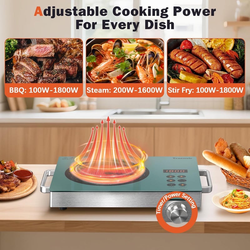 Traenvir Single Burner Electric Cooktop, 110V One Burner Electric Stove with Handle, 1800W Protable Ceramic Stove top for Outdoor, Dorm, Home, RV, Child Lock, Timer, Steam, BBQ, Stir Fry, Green - Image 3